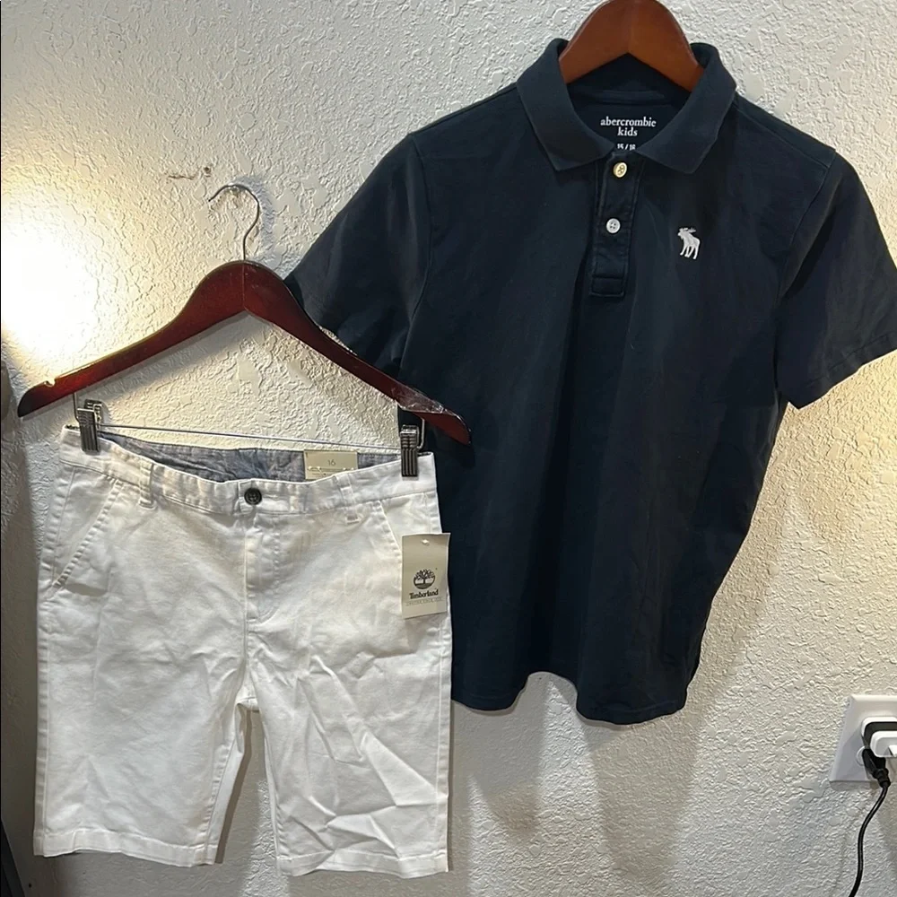 Abercrombie Black Polo Shirt and Timberland White Shorts Set size 16Boys set GUC